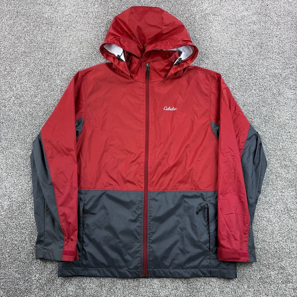 Cabela's Windbreaker Jacket Mens Medium Red Gray 4Most Repel Hooded Full Zip